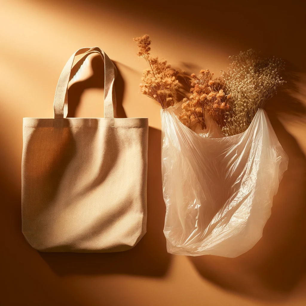Torba materiałowa obok plastikowej torby, z tłem symbolizującym ekologiczny wybór